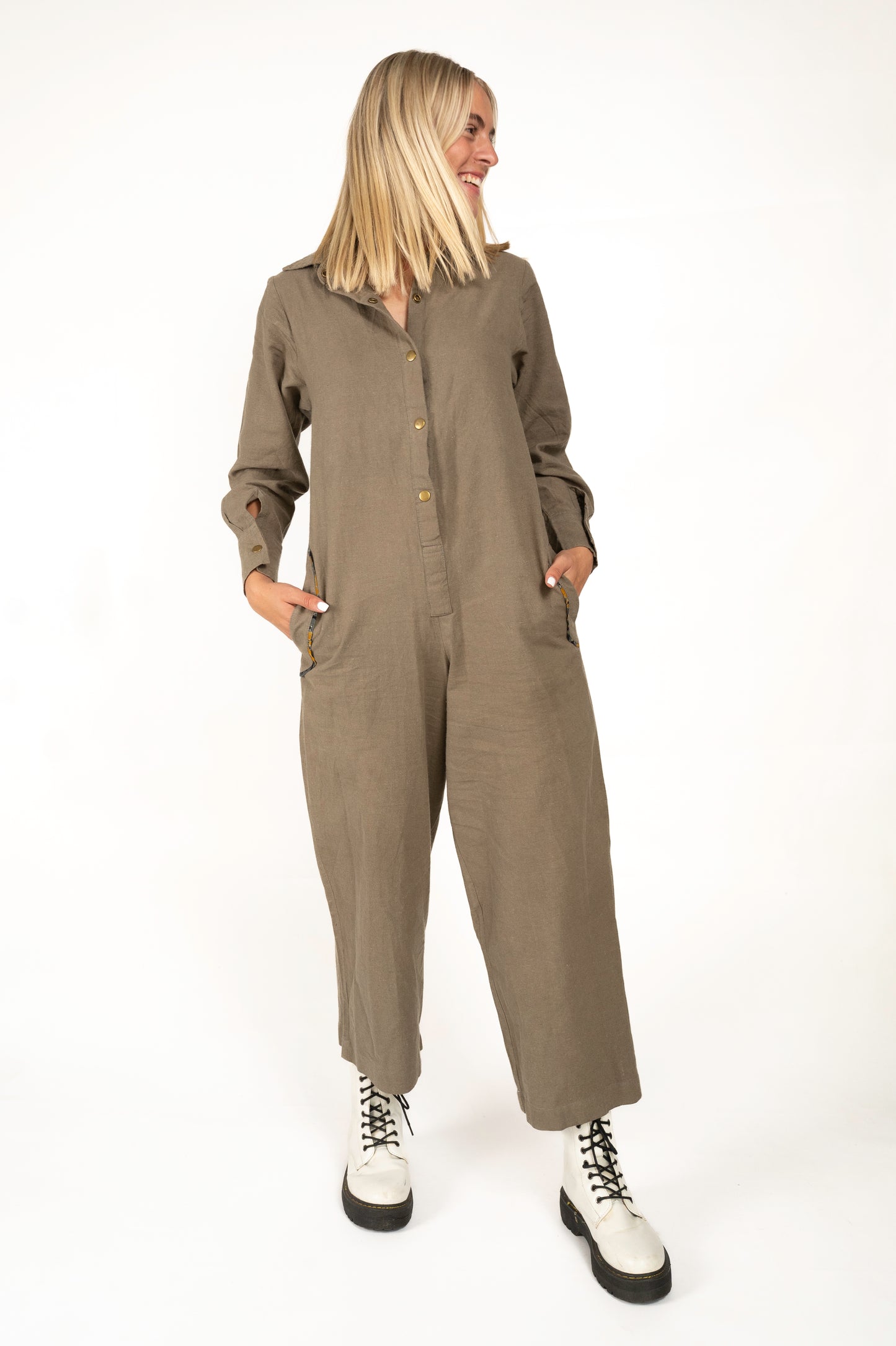 Washed Army Green Shirt Jumpsuit